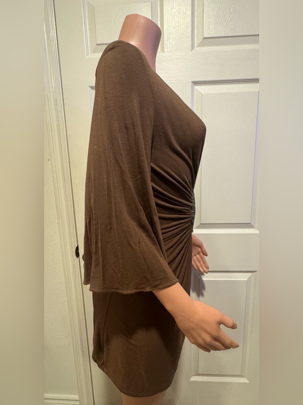 Sky Brand Brown Deep V-Neck Mini Dress with Decorative Waist Accent Sz S - Picture 9 of 11